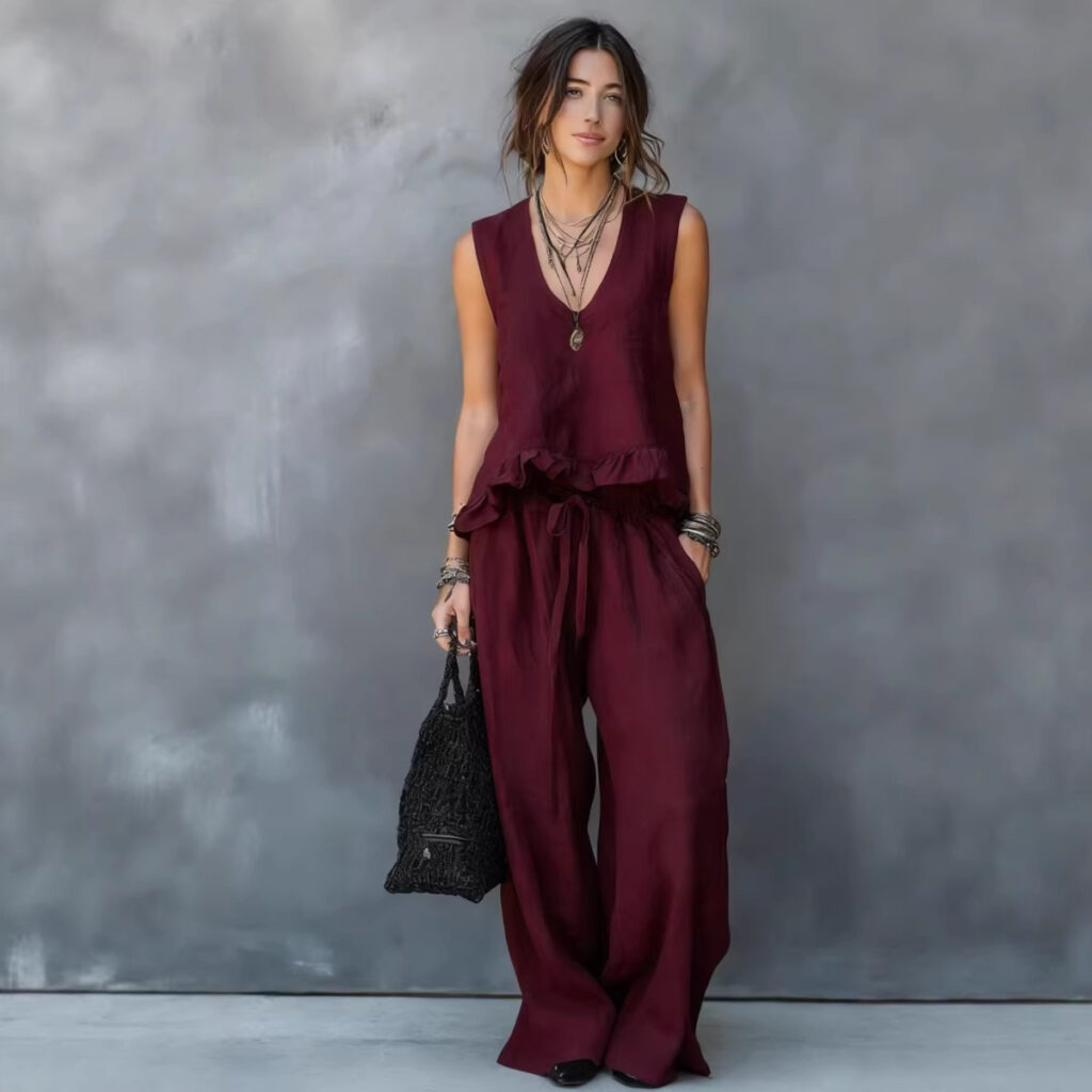 V-neck Sleeveless Ruffled Hem Dark Gray Casual Set