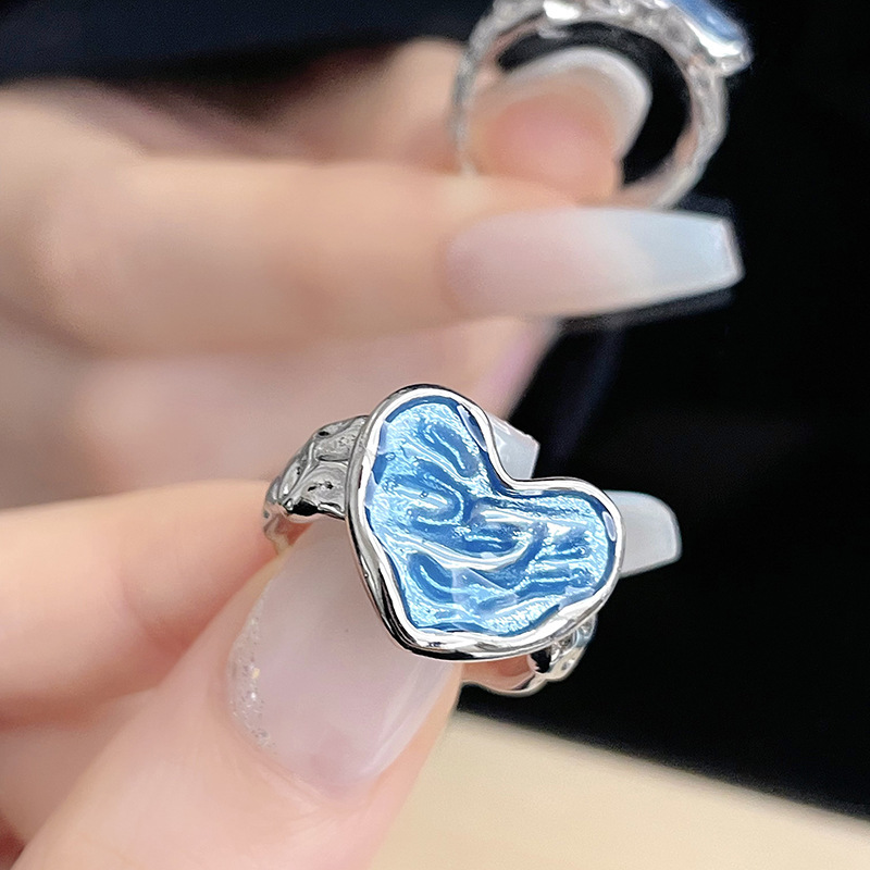 Dripping Glaze Texture Heart-shaped Adjustable Ring Set - Image 9