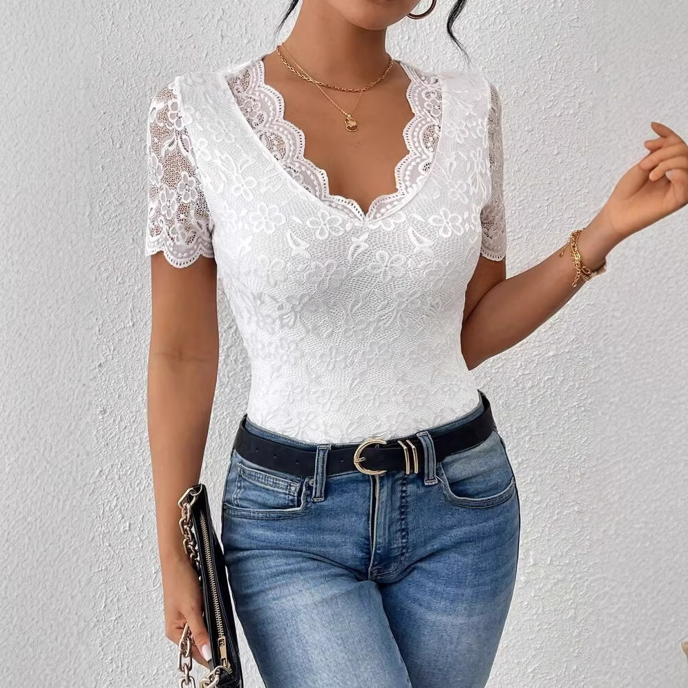Womens Solid-Color Sexy Lace V-Neck Short-Sleeve Lace Base Top - Image 4
