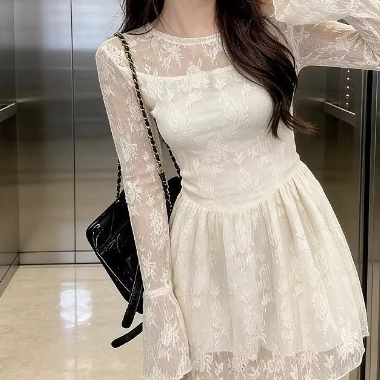 Korean-style Milk Apricot Long-Sleeve Lace Patchwork Dress - Image 6