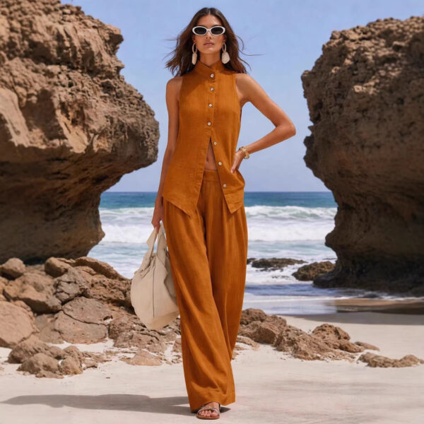 Front-button Cardigan Cotton Top And Pants Set - Image 4