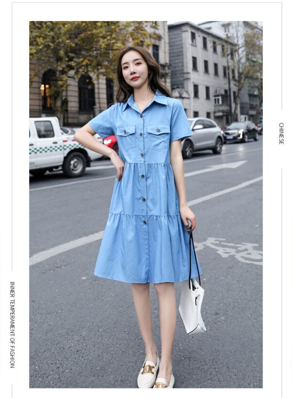 Single-breasted Pocketed Short-sleeve Denim Dress - Image 3