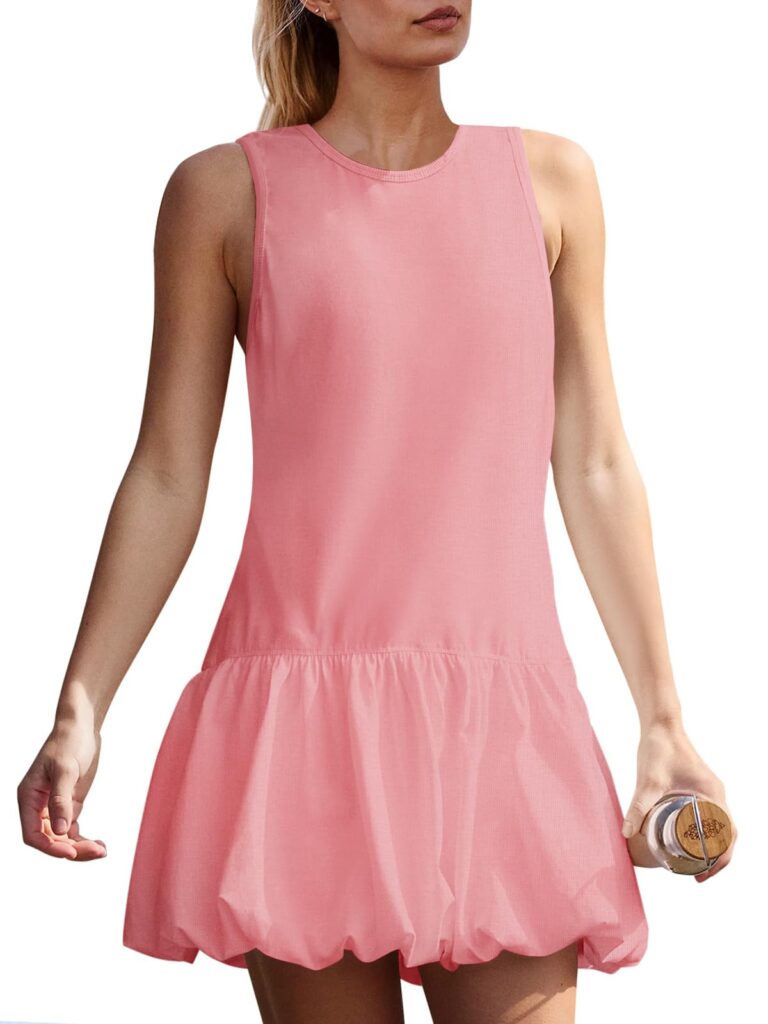 Fisoew Womens Athletic Dresses With Shorts & Pockets Backless Tennis Golf Mini Dress Bubble Hem Workout Active Outfits