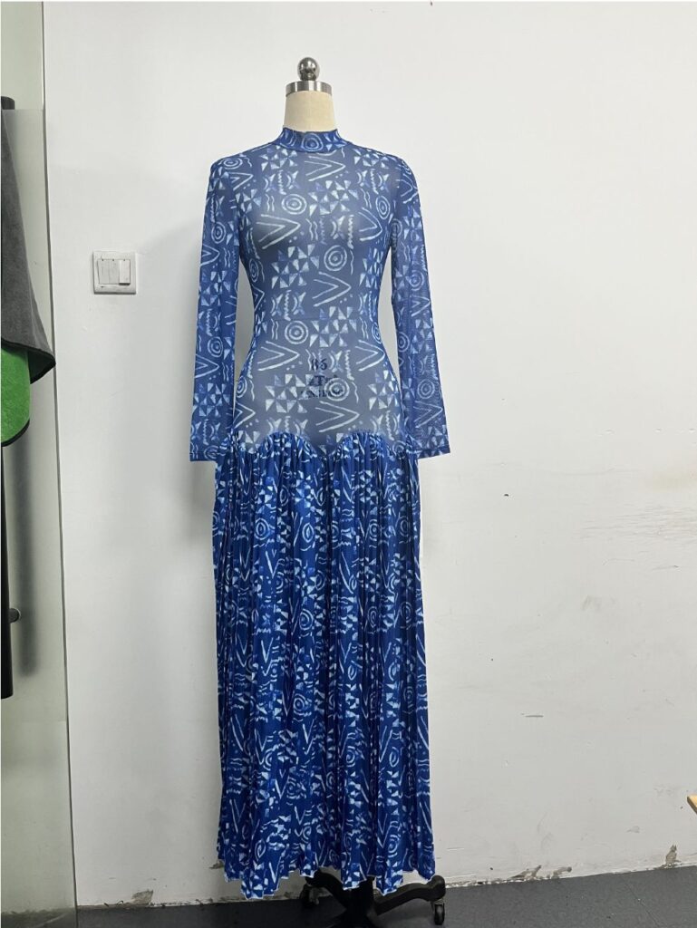 Womens Printed High-Neck, Defined-Waist, Long-Sleeve, Flared Hem SpringAutumn Dress