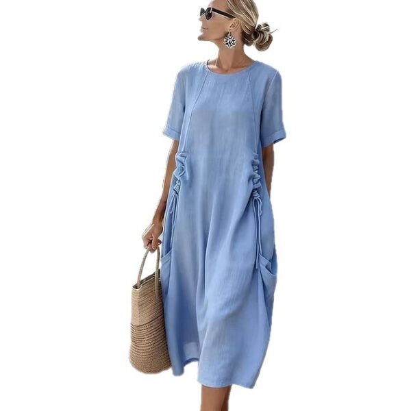 Womens Retro Waist-Cinched Drawstring Pocket Crew-Neck Short-Sleeve Dress - Image 3