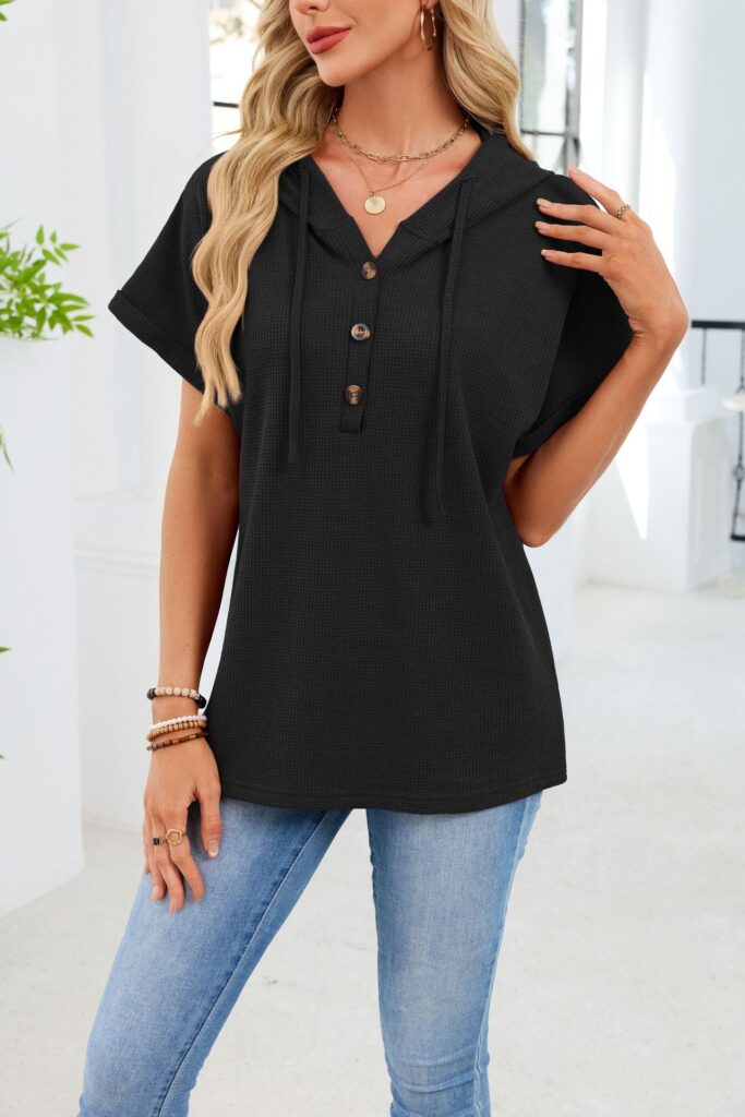 Womens Waffle-Weave Hooded Drawstring Short-Sleeve Top With Buttons