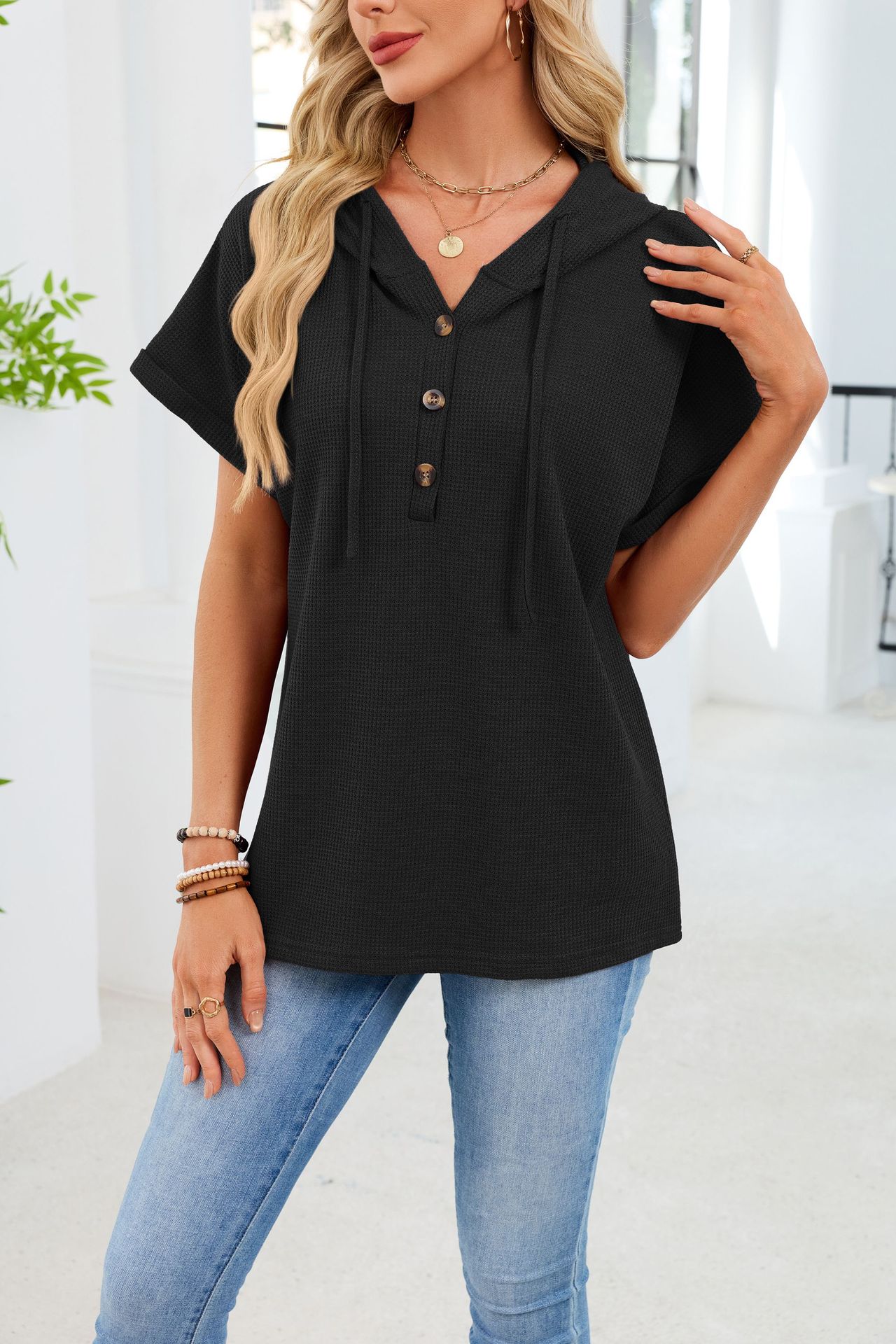 Womens Waffle-Weave Hooded Drawstring Short-Sleeve Top With Buttons - Image 24