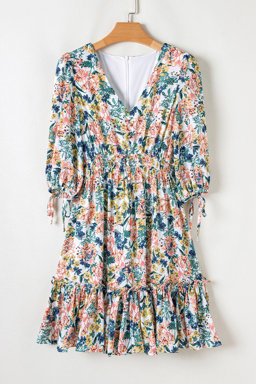 Floral 3/4 Sleeve V-Neck High Waist Ruffle Dress - Image 4