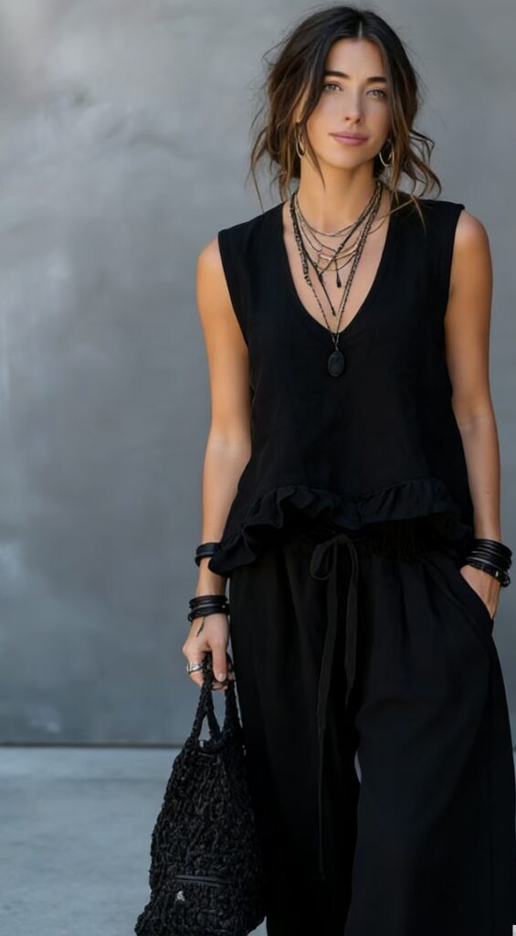 V-neck Sleeveless Ruffled Hem Dark Gray Casual Set