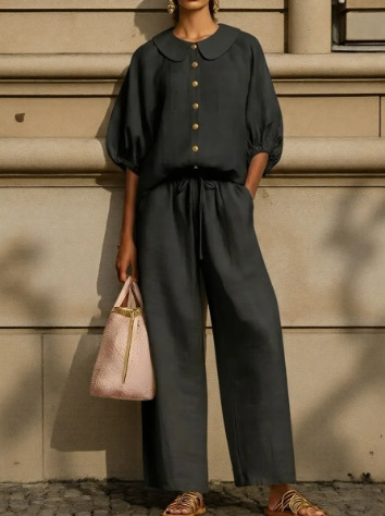 Fashionable Collar Shirt And Wide-Leg Pants Linen Two-Piece Set - Image 11