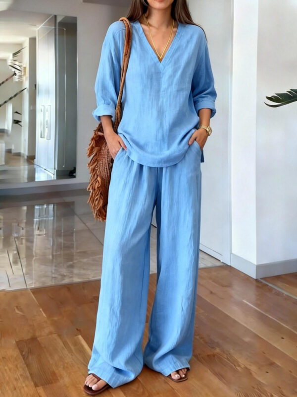 Womens Washed Cotton Multi-Color V-Neck Pullover Long-Sleeve Top And Pants Set - Image 7