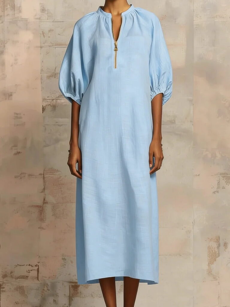 Womens Solid-Colored Cotton-Linen Loose-Fit Casual Puff-Sleeve Dress