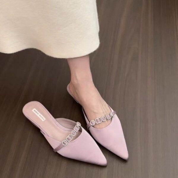 Women's French Style Satin Slide Sandals, Sparkling Rhinestone Embellished Pointed Toe Low Heel Slip-On Mules, 2025 Summer New Collection, High-end Outdoor Wear - Image 3