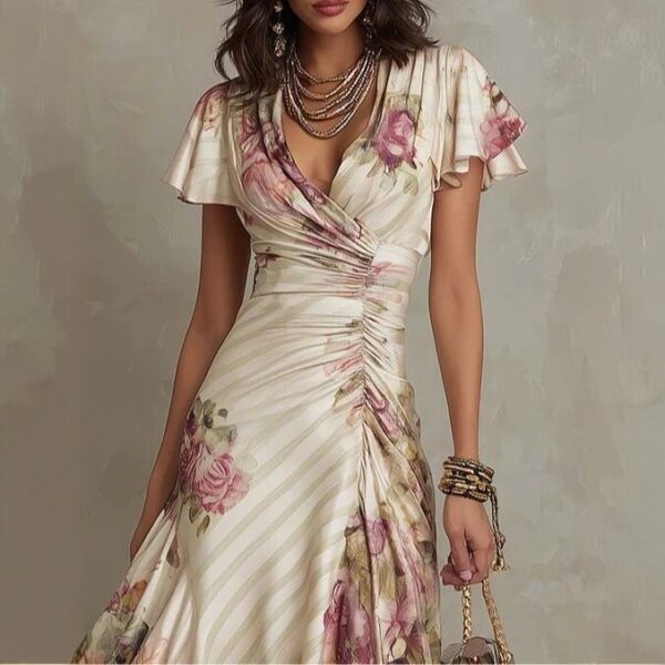 Printed V-neck Defined Waistline Ruffled Hem Dress - Image 2