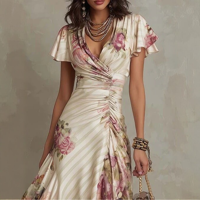 Printed V-neck Defined Waistline Ruffled Hem Dress - Image 2