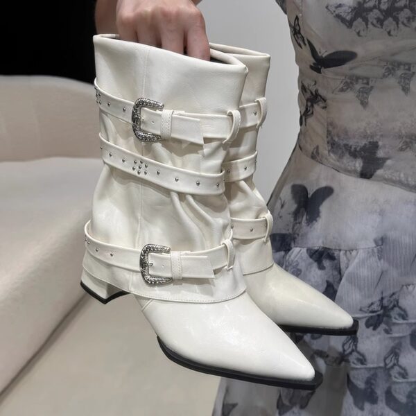 High-heeled Elegant Shaft-style Studded Belt-buckle Fashion Ankle Boots - Image 8
