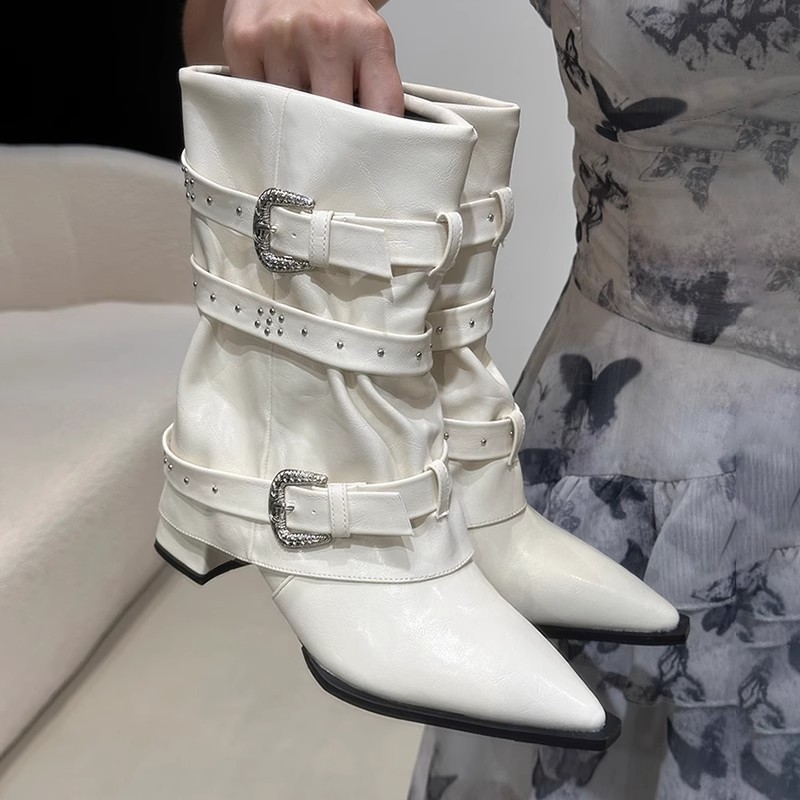 High-heeled Elegant Shaft-style Studded Belt-buckle Fashion Ankle Boots