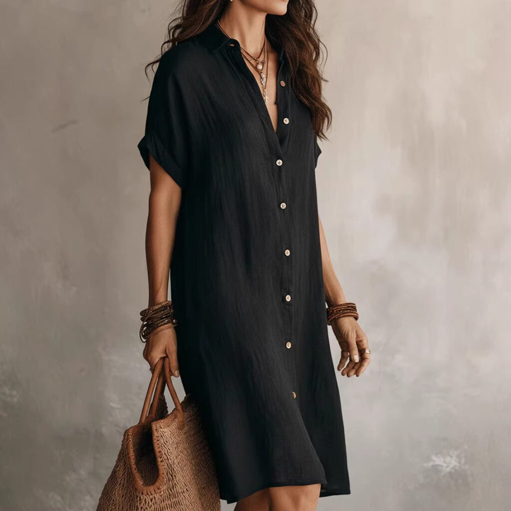 Women's Short-sleeve Buttoned Midi Shirt Dress