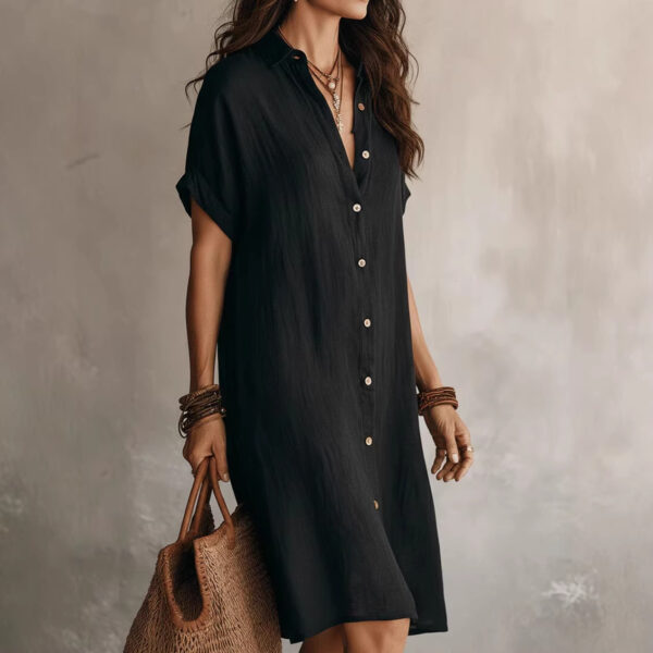 Women's Short-sleeve Buttoned Midi Shirt Dress - Image 2