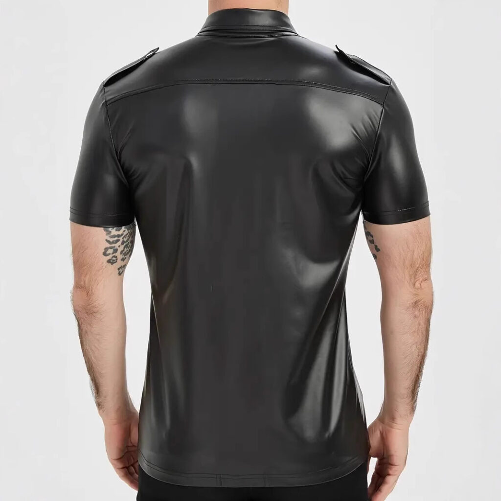 European And American-style Summer Casual Mens Patent Leather Tight-fitting Short-sleeve Top