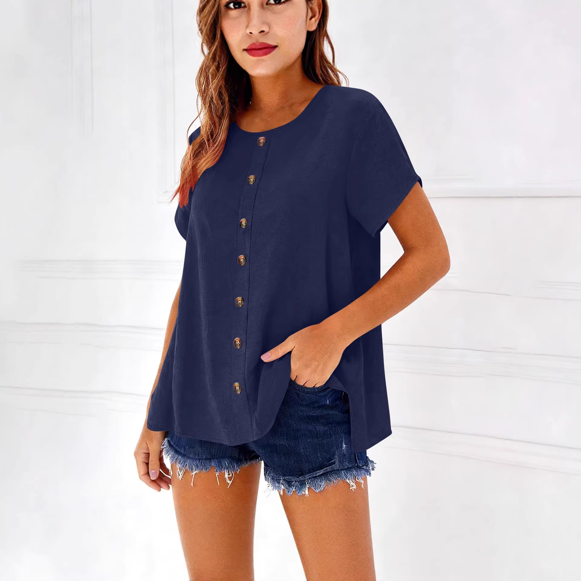 Decorative Girl Button Solid Color Short-Sleeve Crewneck T-Shirt Top - Image 1