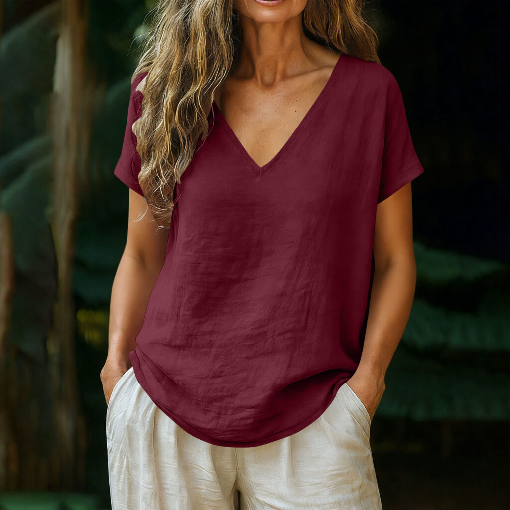 Women's Cotton-Linen Short-Sleeve V-Neck Pullover Top