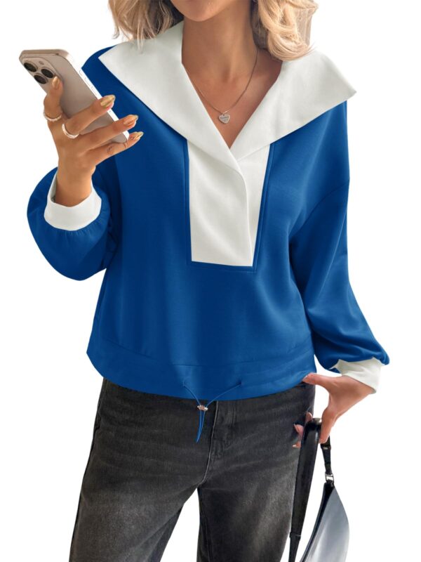 Fisoew Womens Cropped Oversized Sweatshirt Casual Lapel V Neck Long Sleeve Contrast Drawstring Loose Fit Fall Pullover Tops - Image 40