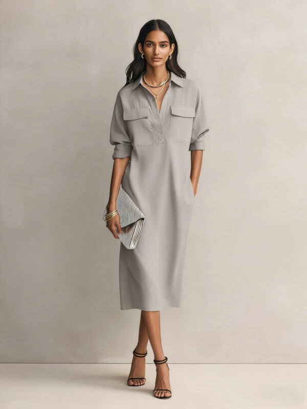 Womens French-style Elegant Commuter Shirt Dress With A Defined Waist, Slimming Fit - Image 11