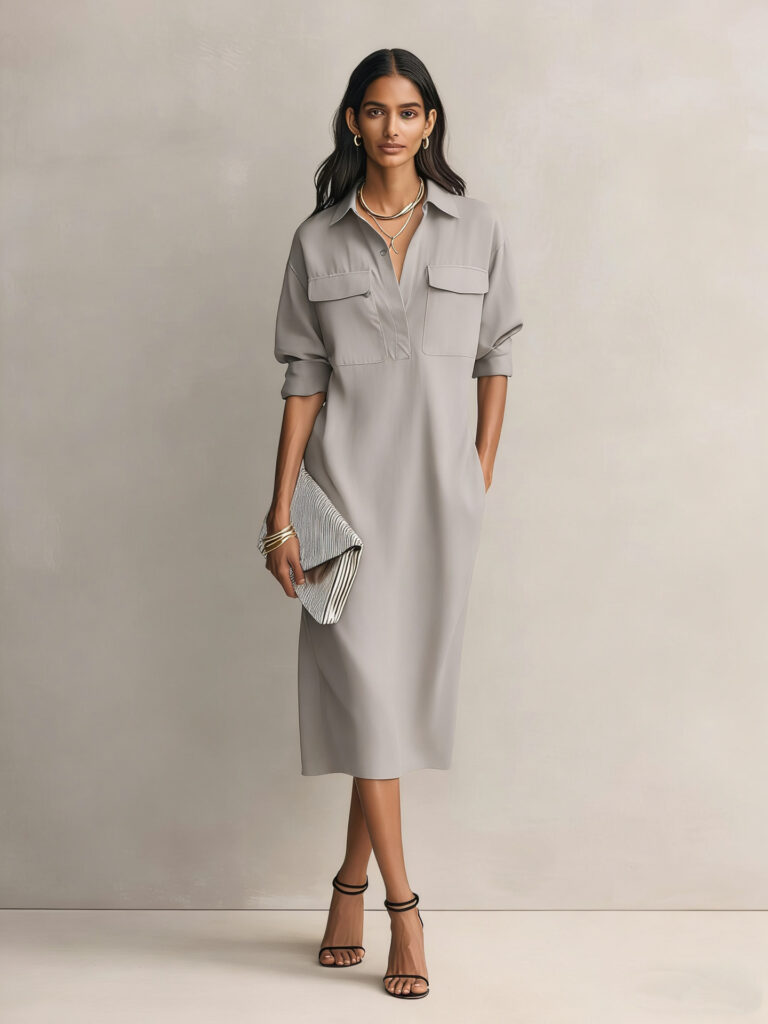 Womens French-style Elegant Commuter Shirt Dress With A Defined Waist, Slimming Fit