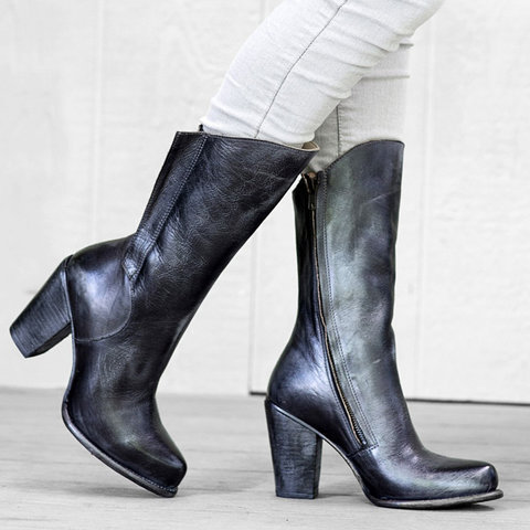 Women's Side-zip Chunky-heeled, Mid-calf Boots - Image 2