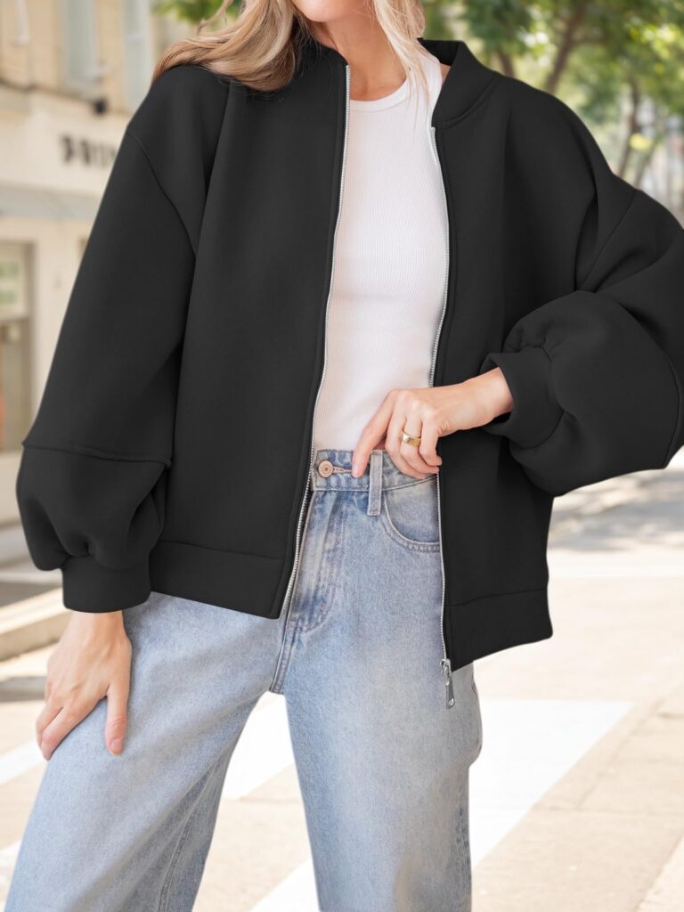 Fisoew Womens Zip Up Sweatshirt Casual Bomber Jacket Lantern Sleeve Oversized Jacket Fall Outfits 2025