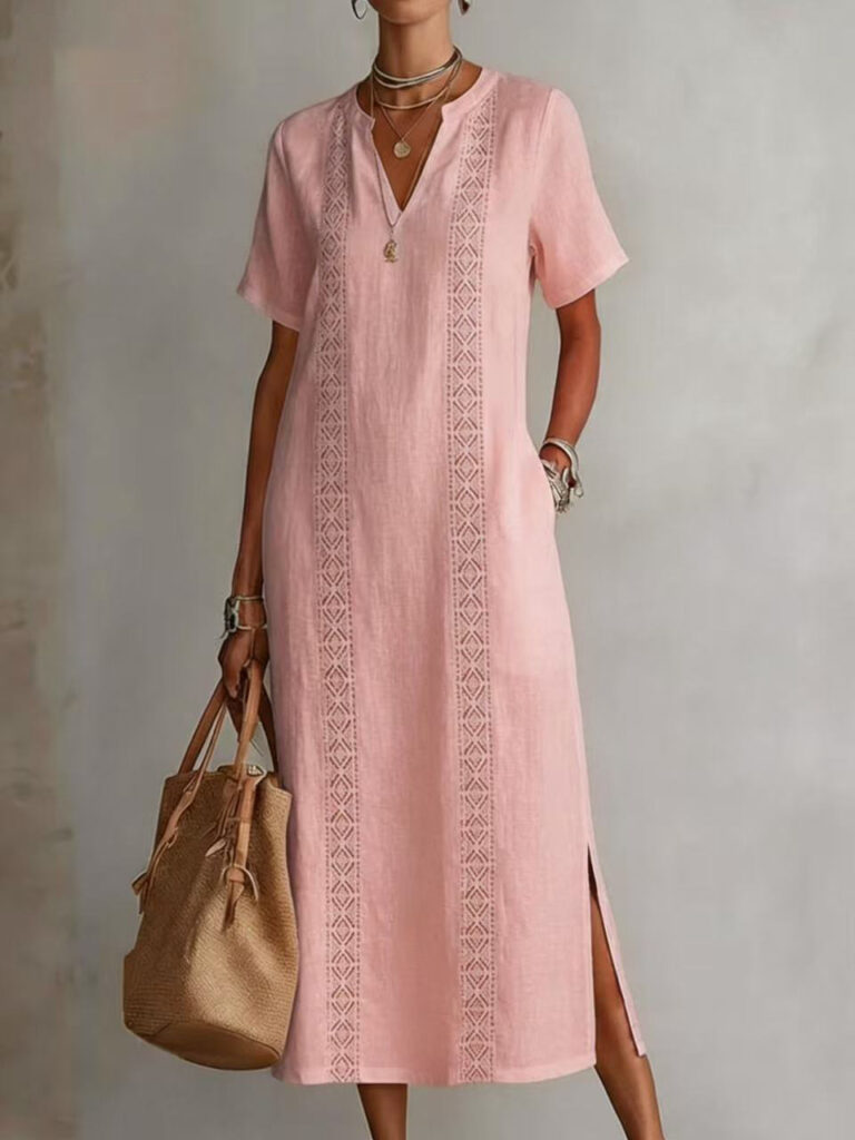 Women's Retro Hollow-Out Lace V-Neck Cotton-Linen Dress