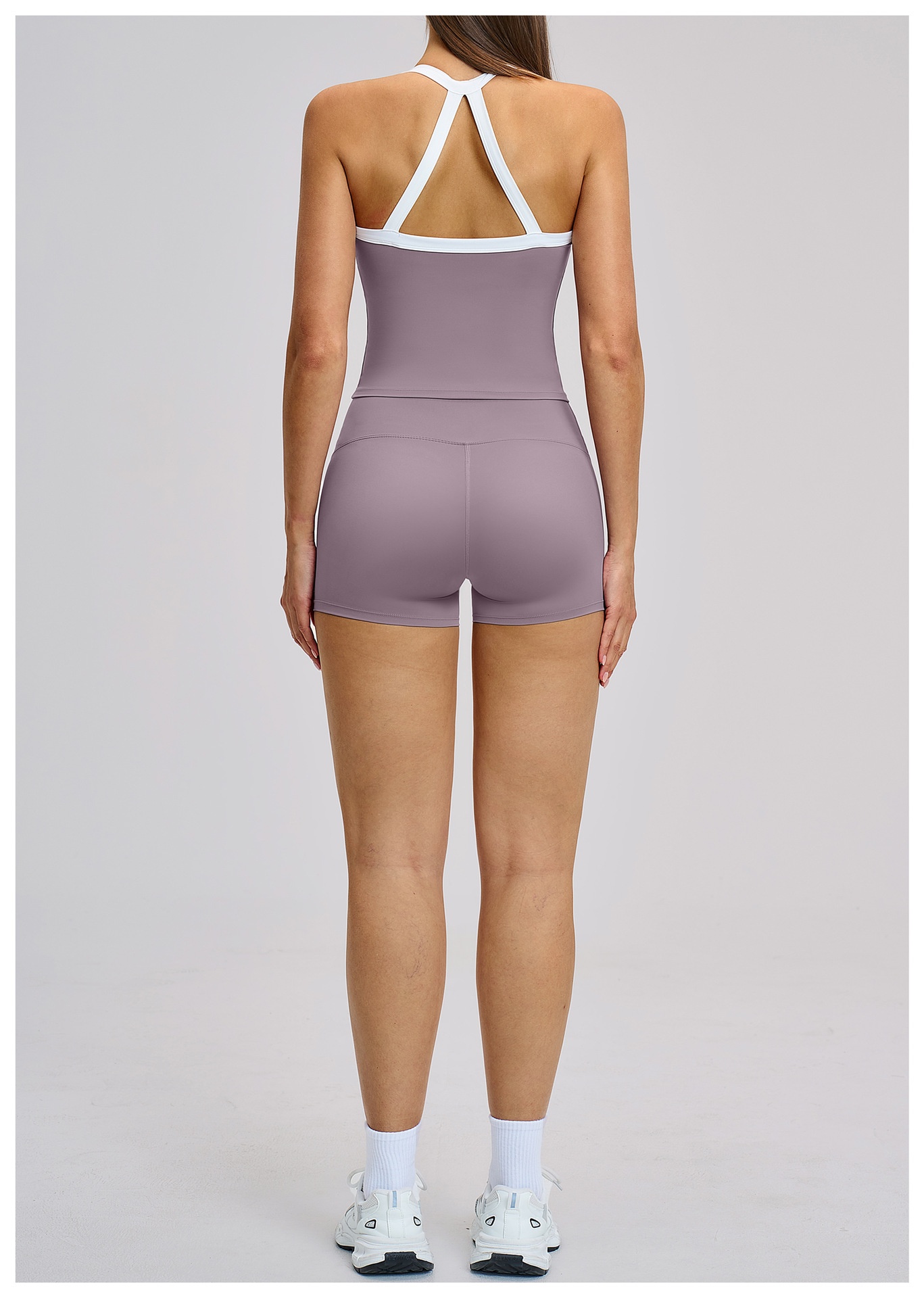 Nude-Feel Yoga Set Contrasting Colors, Crossed Back Design, Tight-Fitting Yoga Wear - Image 16
