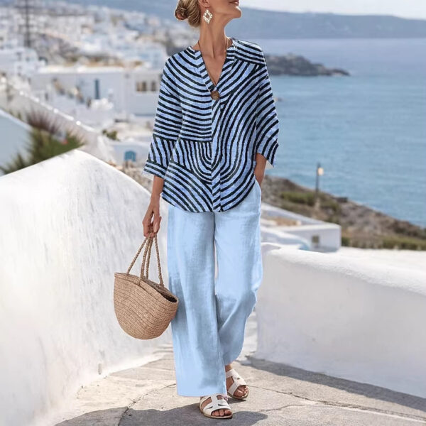 V-Neck Patterned Printed Womens Straight-Leg Pants Set - Image 9