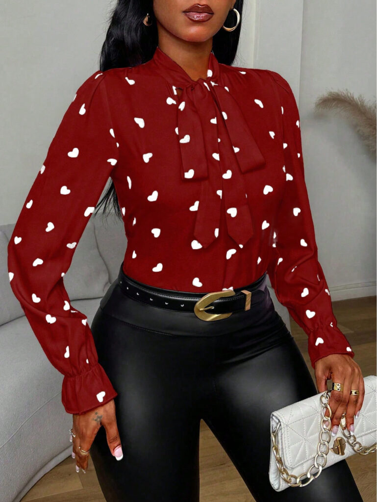 Printed Collared Ruffle-Trimmed Long-Sleeve Womens Shirt