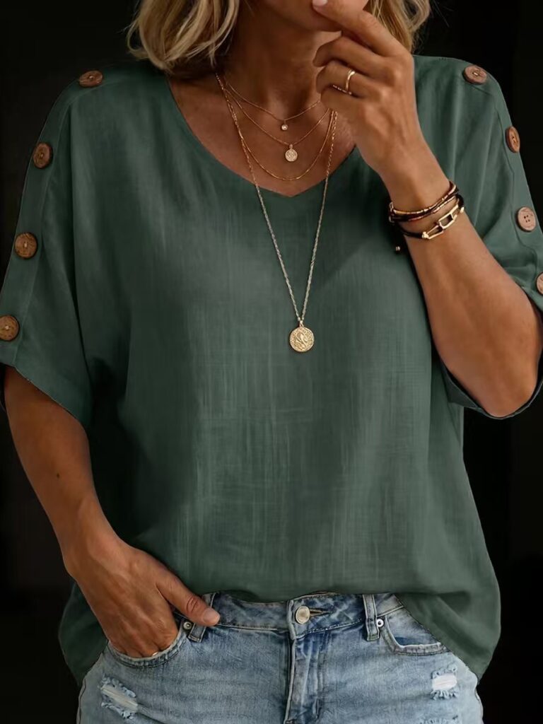Casual Fashion Buttoned Crew-Neck Pullover Womens T-Shirt