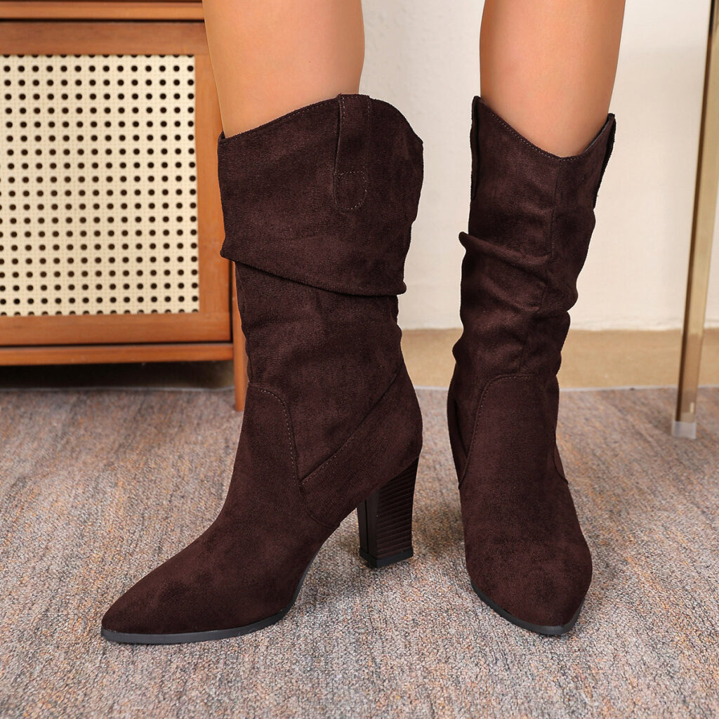 Suede Pointed-toe Fashion Boots With Pleated Mid-calf Design And Chunky Heel