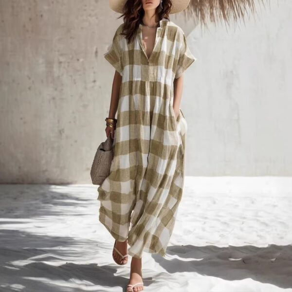 Plaid V-neck Long Cotton-Linen Dress - Image 3