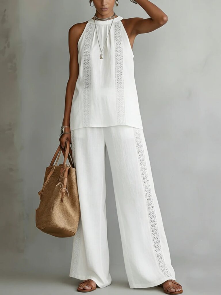 Womens Retro Lace Sleeveless Top And Wide-Leg Pants Two-Piece Set