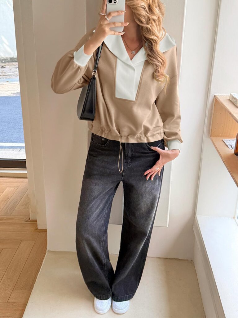 Fisoew Womens Cropped Oversized Sweatshirt Casual Lapel V Neck Long Sleeve Contrast Drawstring Loose Fit Fall Pullover Tops