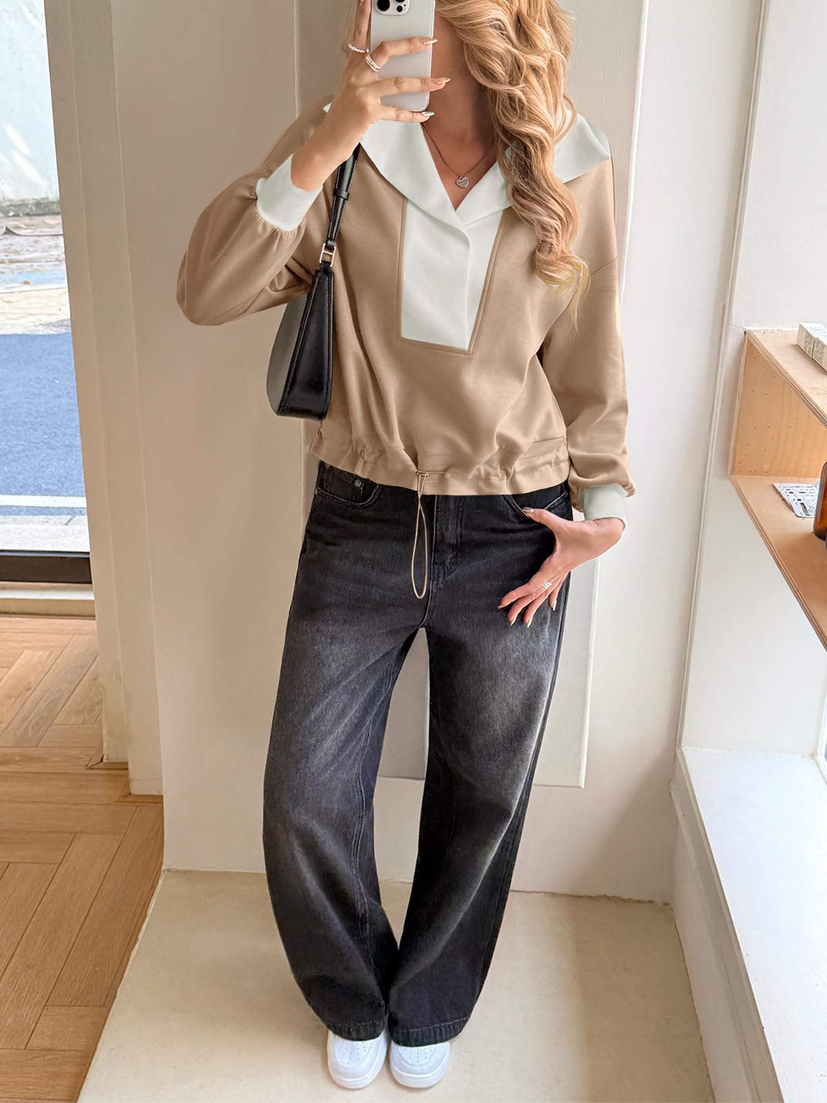 Fisoew Womens Cropped Oversized Sweatshirt Casual Lapel V Neck Long Sleeve Contrast Drawstring Loose Fit Fall Pullover Tops - Image 26