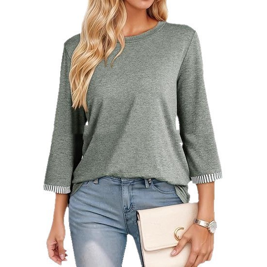 Fashionable Three-Quarter Sleeve Contrast-Piece Panel T-Shirt - Image 5