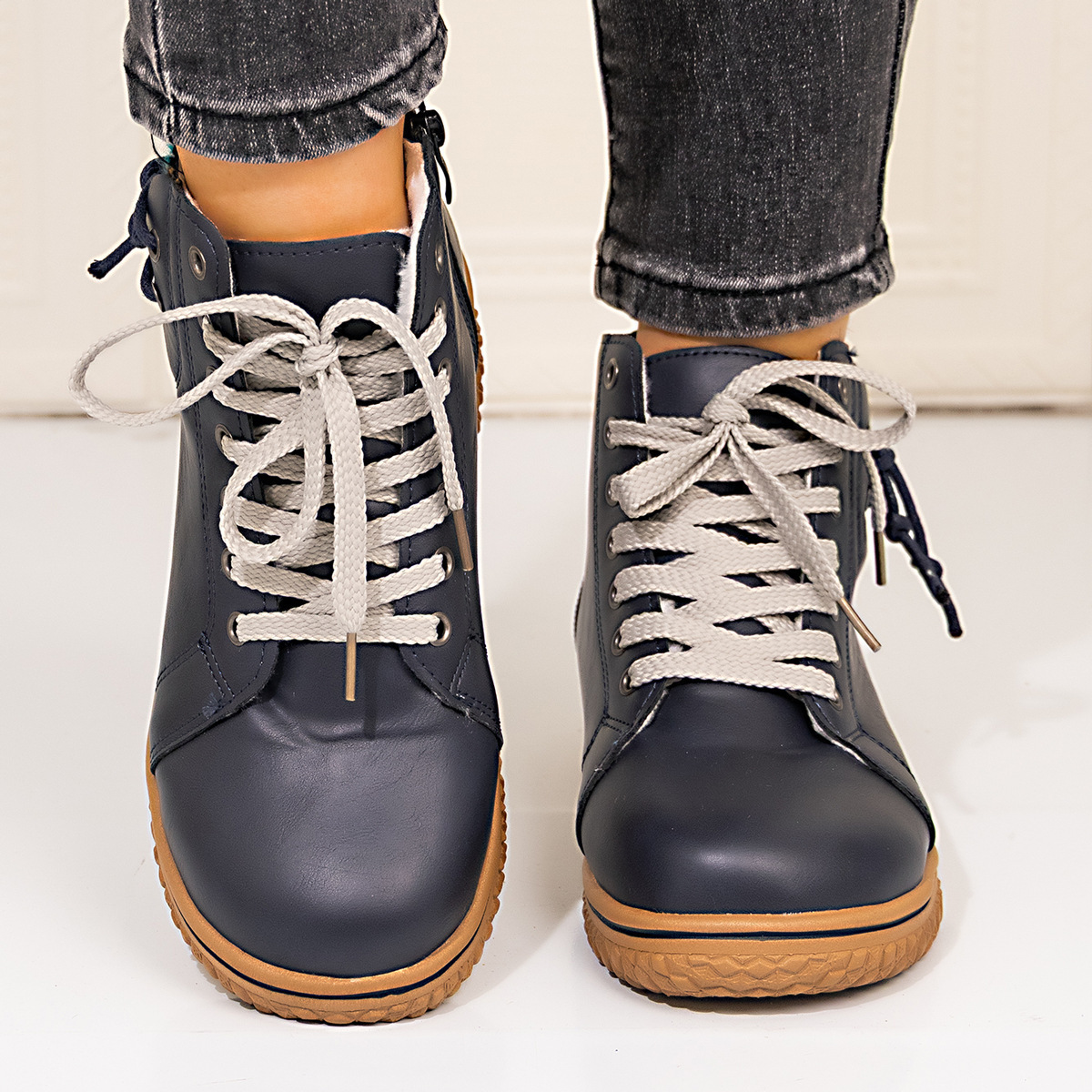 PU Casual Shoes With Front Laces, Winter Cotton Boots - Image 3