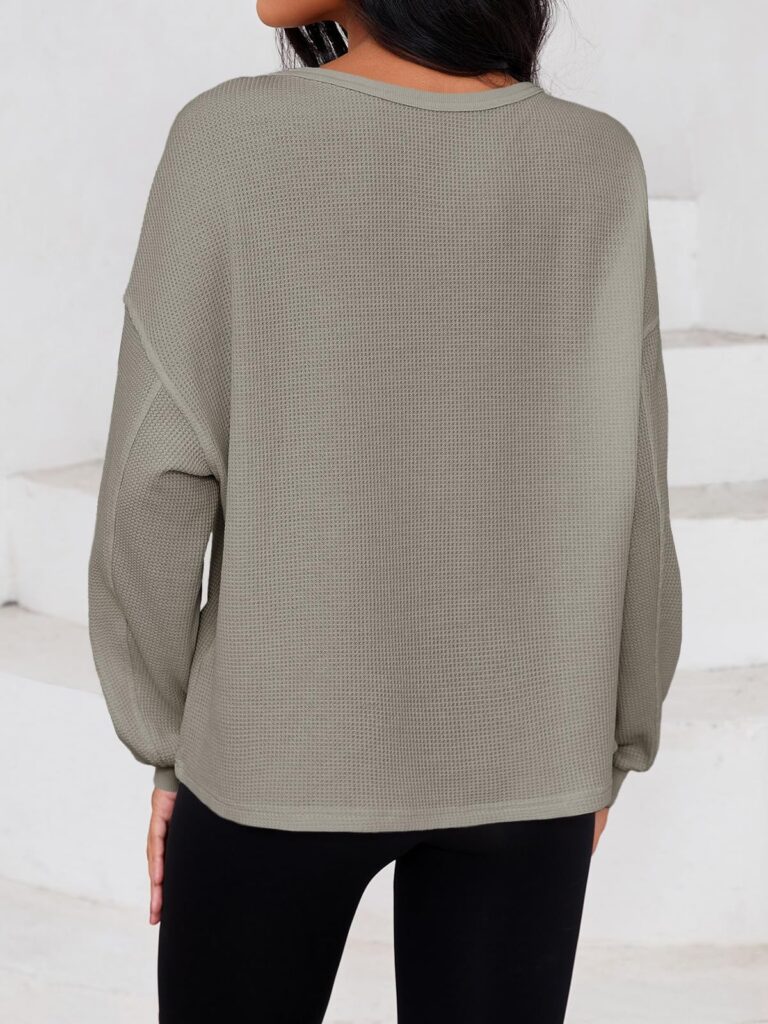 Fisoew Womens Cropped Sweatshirt Casual Waffle Knit Button V Neck Long Sleeve Loose Fit Fall Crop Tops
