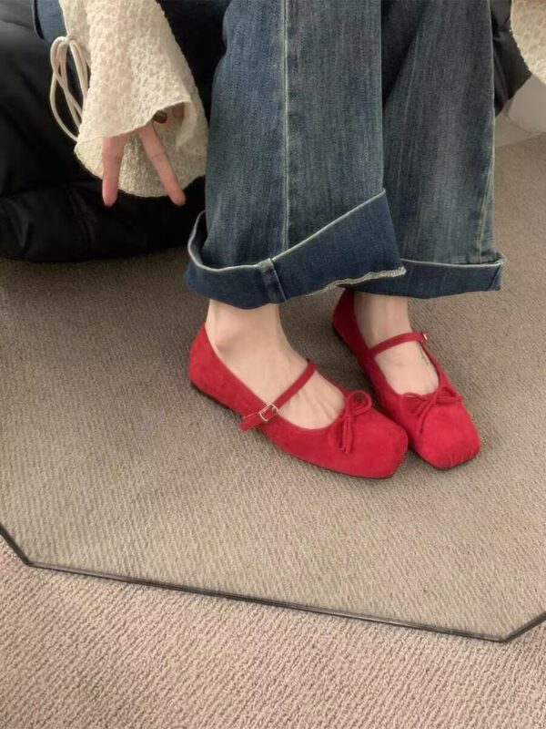 Women's 2026 New Spring & Autumn French Fairycore Suede Square-Toe Bow Mary Jane Flats For Office & Daily Wear - Image 4