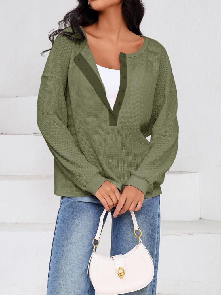 Fisoew Womens Cropped Sweatshirt Casual Waffle Knit Button V Neck Long Sleeve Loose Fit Fall Crop Tops