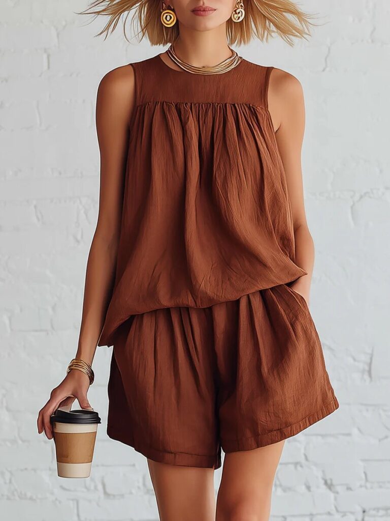 Womens Fashionable Retro Cotton-Linen Sleeveless Top And Wide-Leg Shorts Set