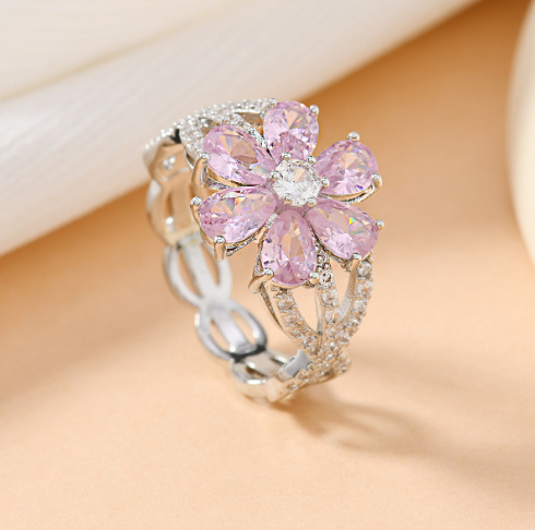 Copper-inlaid Cherry-blossom-pink Water-drop Zircon Flower Ring - Image 2