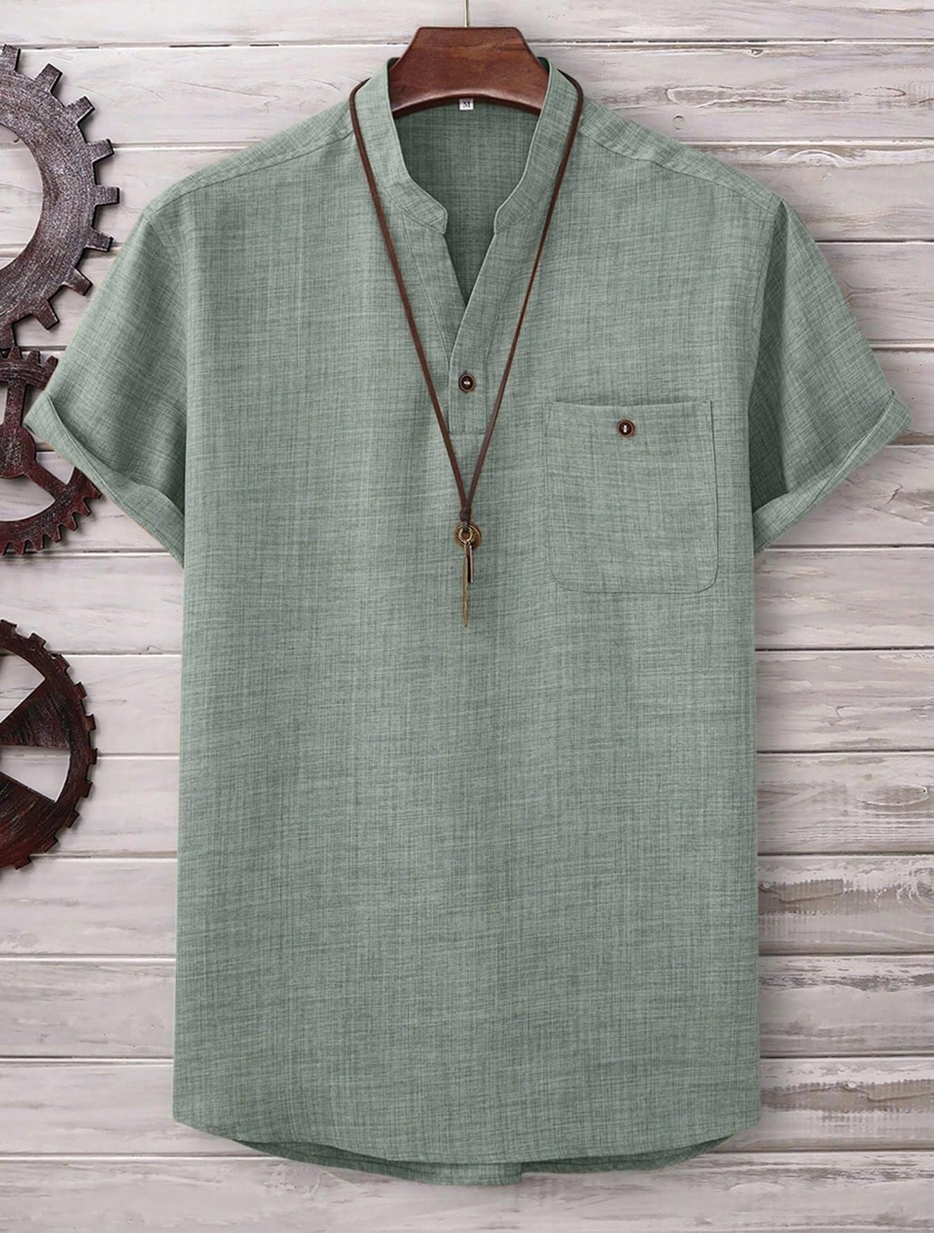 Mens Casual Short-sleeve Solid-color Shirt With A Turn-down Collar - Image 30