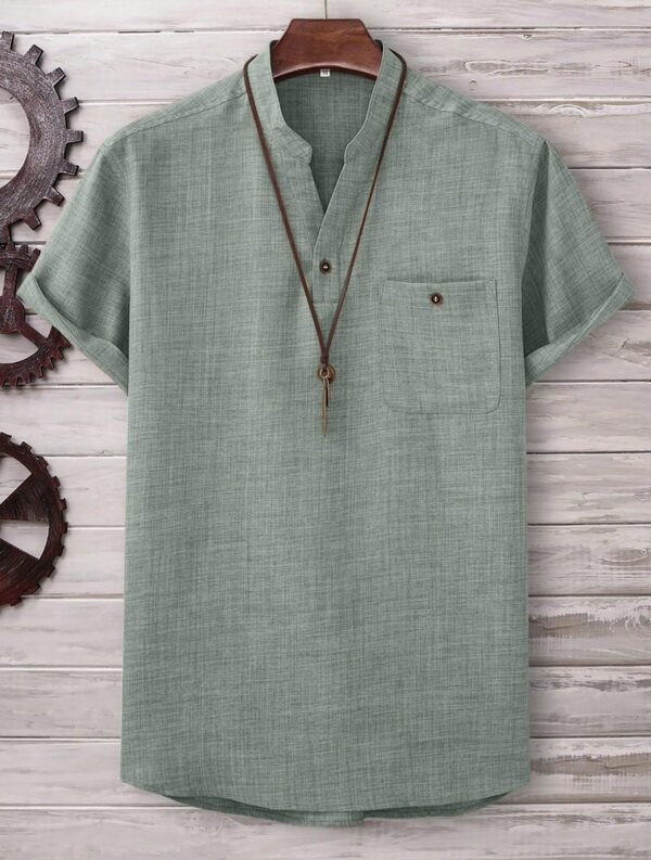 Mens Casual Short-sleeve Solid-color Shirt With A Turn-down Collar - Image 32